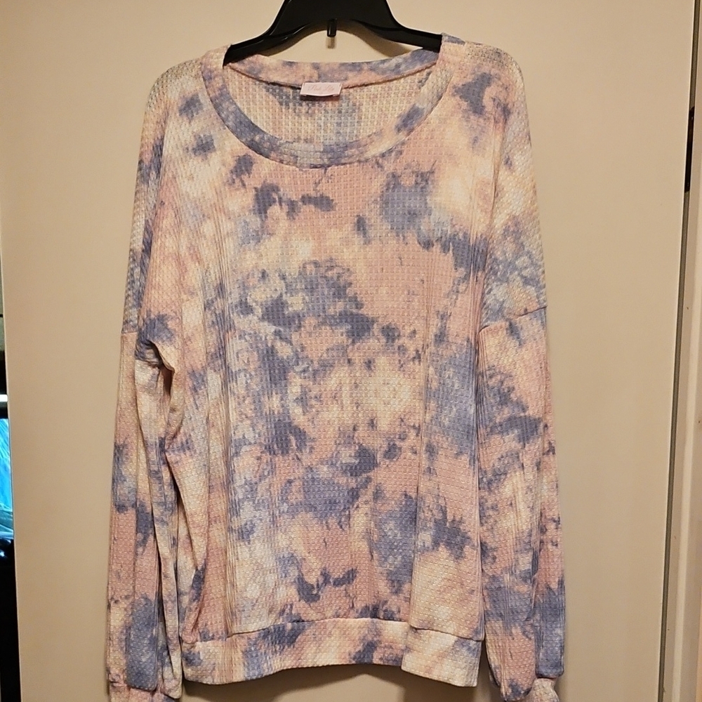 Pink Lily Tie-Dye Long Sleeve Top - Blue and Cream